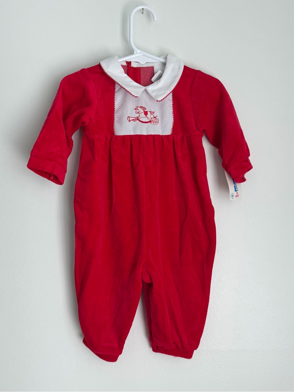 Vintage Red Velour Collared Romper with Embroidered Rocking Horse 6M